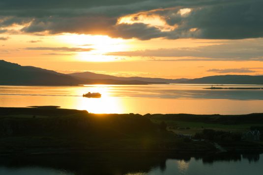 Sunset over Firth of Lorn during Oban walk up Pulpit Hill